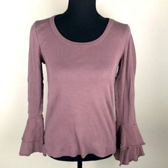 Chaser Tee Mauve Long Sleeve Double Ruffle Bell Sleeve Cotton Crew Neck Top S - Picture 2 of 10